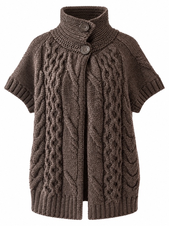 Esprit Sweaters - Esprit Brown Cable-Knit Short-Sleeve Cardigan with High Collar